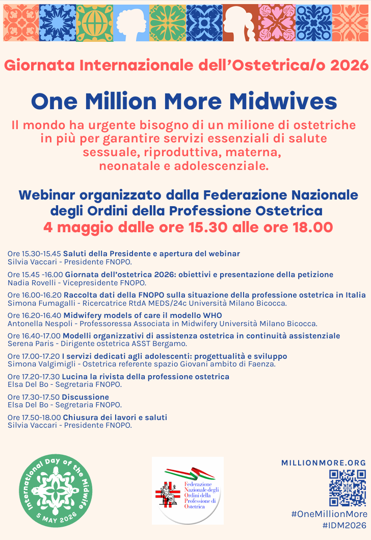 Giornata Internazionale dell’Ostetrica/o 2026. Webinar FNOPO “ONE MILLION MORE MIDWIVES – Il mondo ha urgente bisogno di un milione di ostetriche in più”